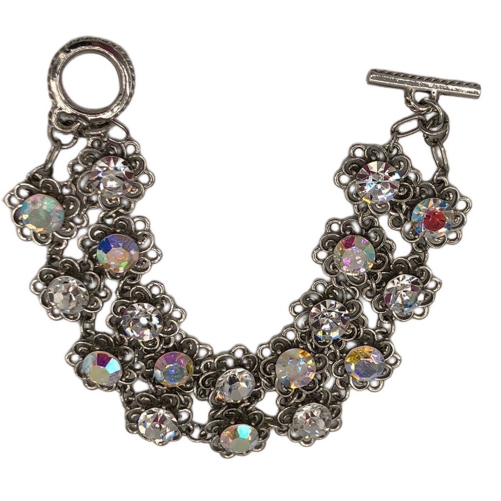 Aurora Borealis Crystal bracelet toggle closure silvertone link jewelry Bling 8”